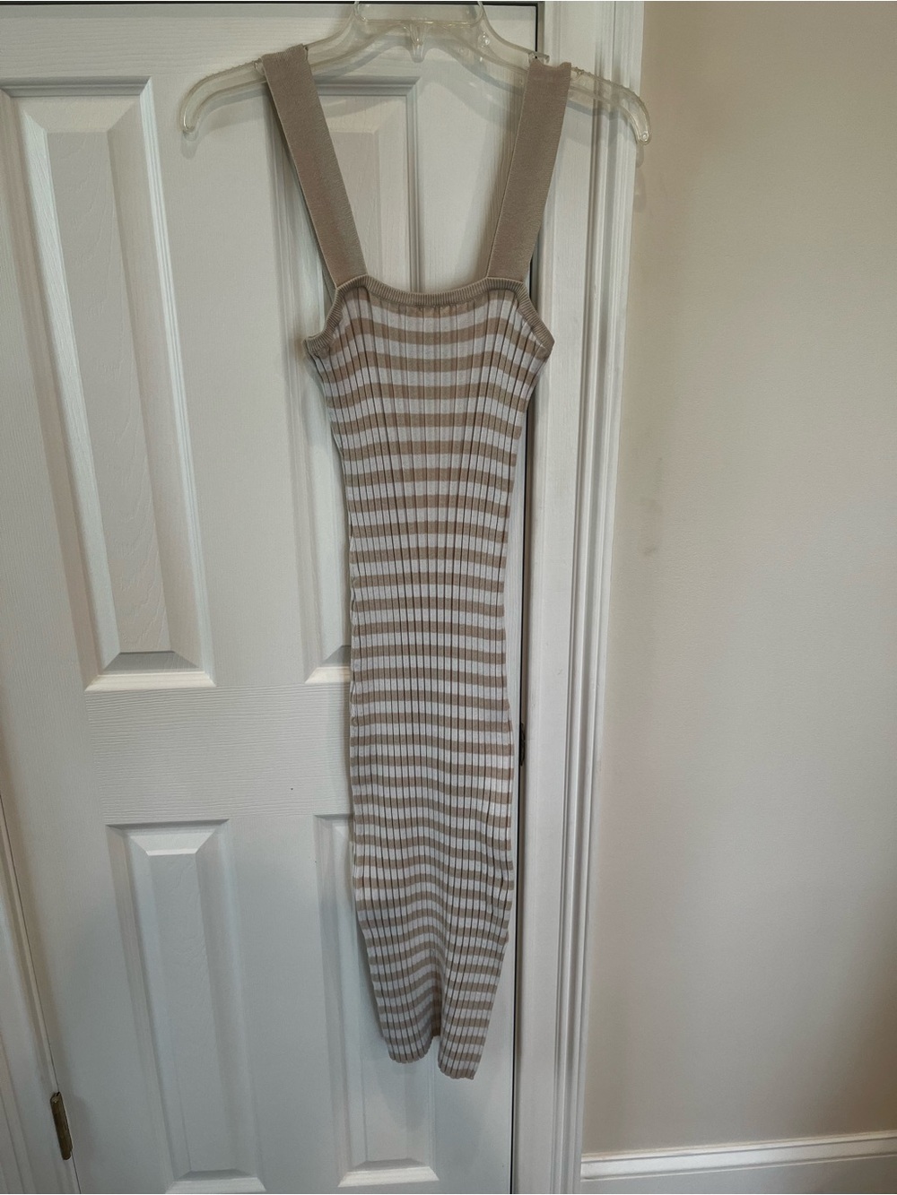 Ribbed Striped Knit Midi Dress in Beige and White